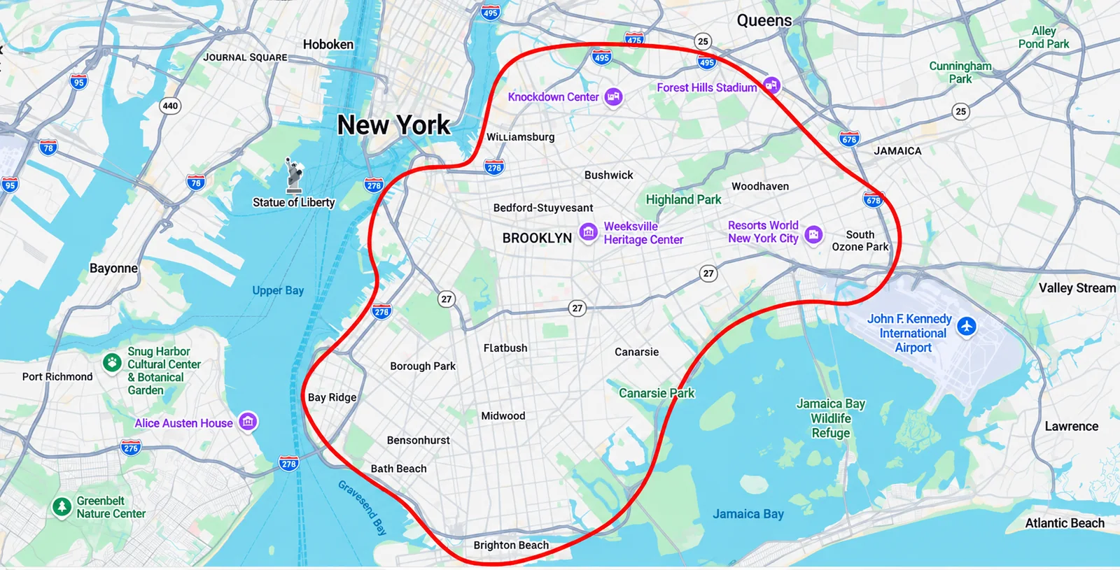 Brooklyn and surrounding areas with BIOPRIME's courier delivery zone outlined in red